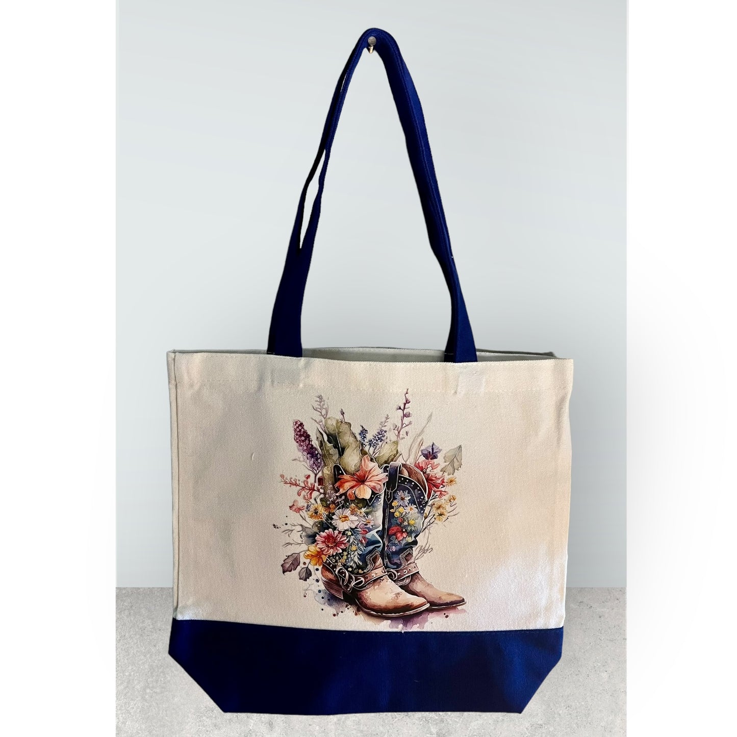 Tote Bag Cowboy Boots with Flowers (Blue)